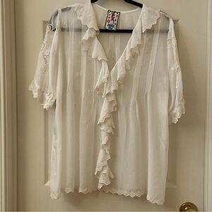 Johnny Was White Ruffled Sheer Blouse